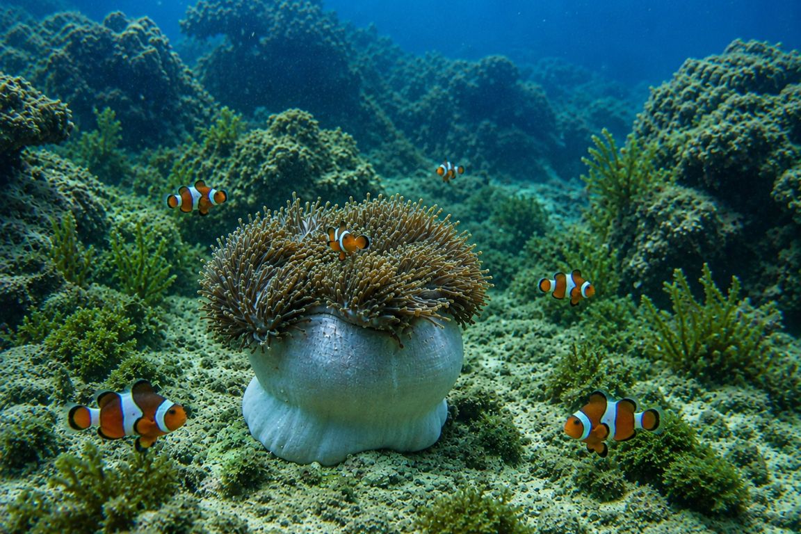 Colorful clownfish swimming around a sea anemone on a coral reef during a snorkeling tour with Krabi Boat Tours