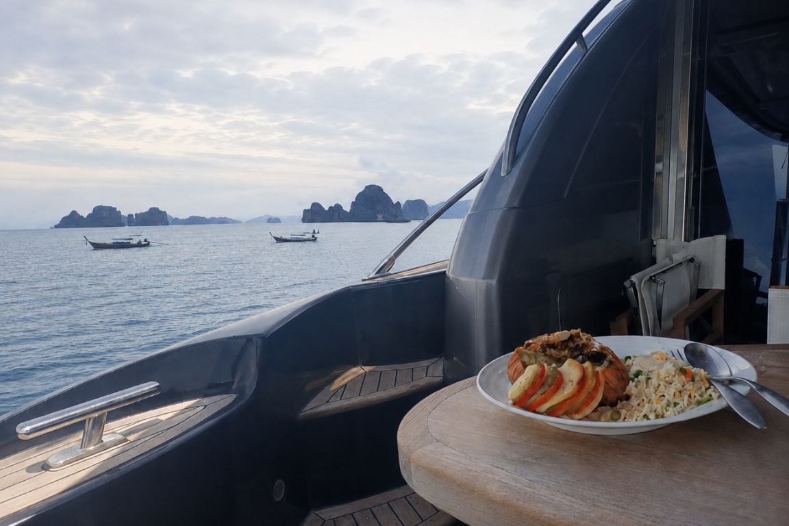 Delicious onboard dining experience with panoramic views of Krabi’s islands during a Krabi Boat Tours dinner cruise