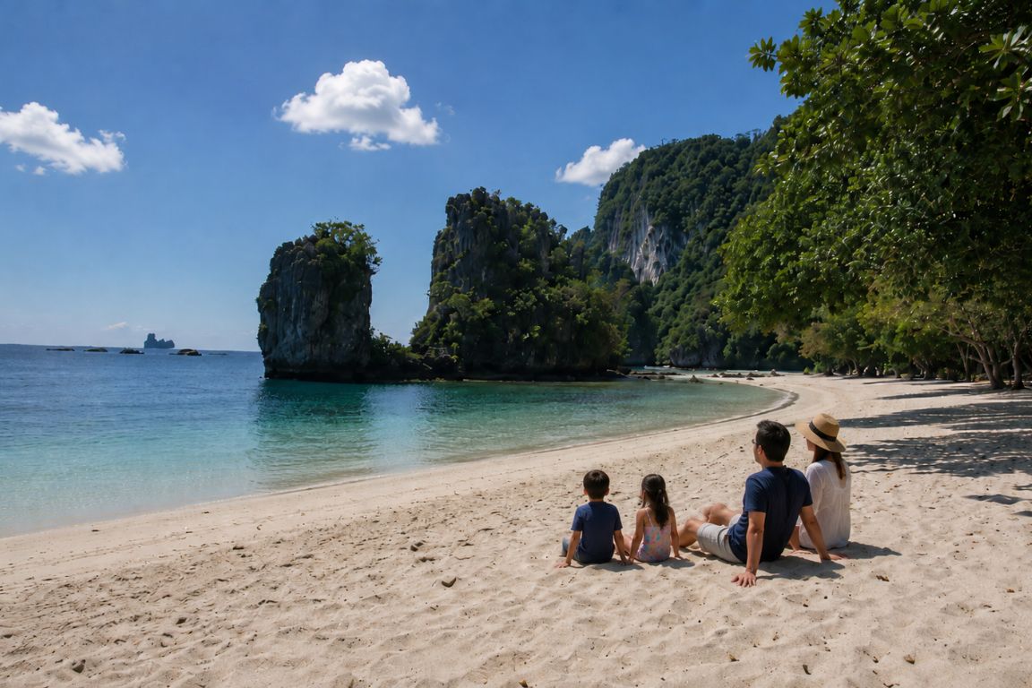 Family sightseeing on Hong Island’s pristine beach surrounded by dramatic karst formations during a Krabi Boat Tours tour
