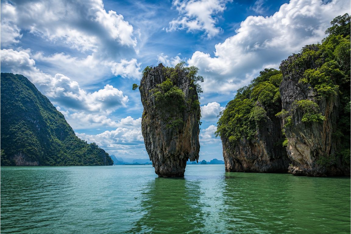 World-famous James Bond Island and its unique limestone sea stack photographed during a Krabi Boat Tours island-hopping tour