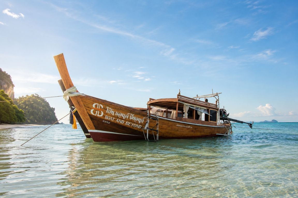 Private longtail boat surrounded by tropical scenery and clear water during a customized Krabi Boat Tours journey
