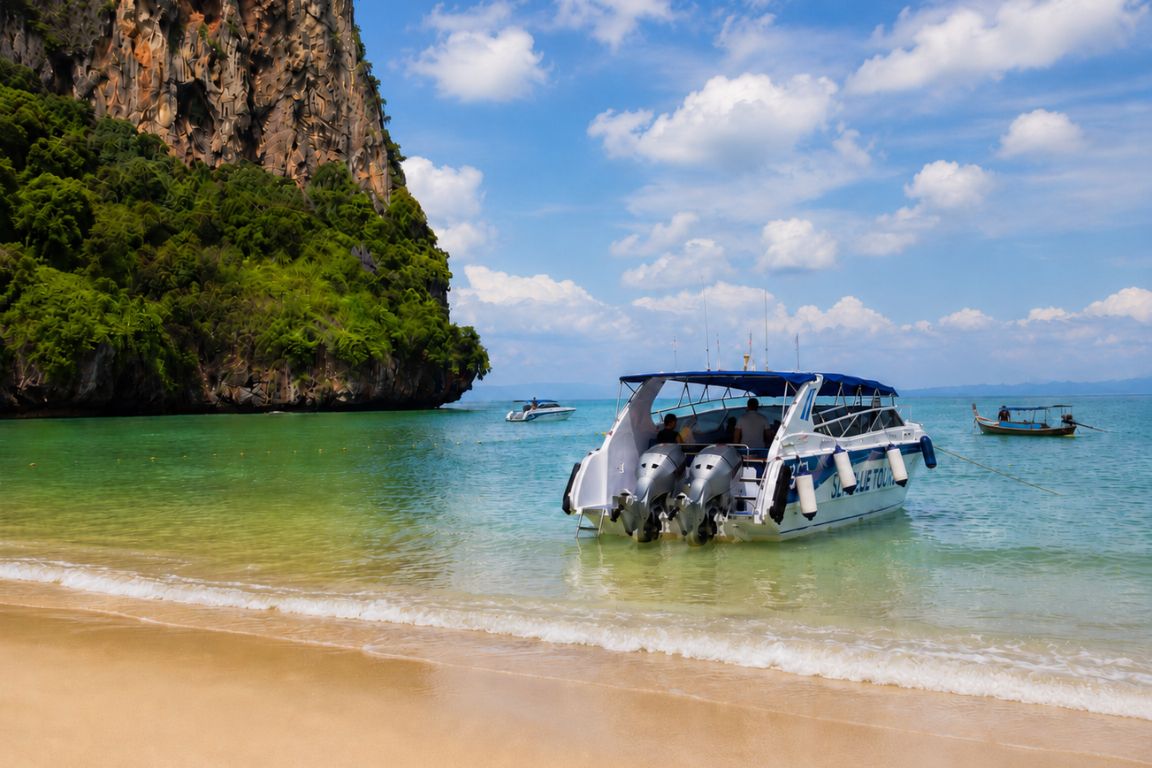 Speedboat arriving at the Phi Phi Islands with crystal-clear turquoise water during a Krabi Boat Tours island-hopping excursion