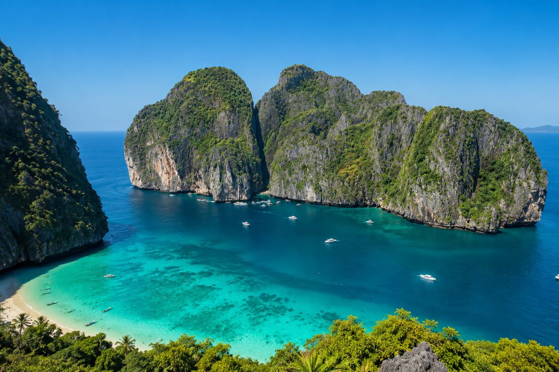 Aerial view of the Phi Phi Islands with turquoise lagoon and limestone cliffs during a Krabi Boat Tours excursion