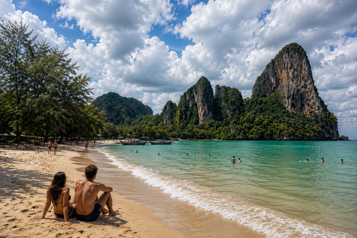 Couple enjoying the scenic views of Railay Beach and the Andaman Sea during a Krabi Boat Tours day trip in Krabi, Thailand