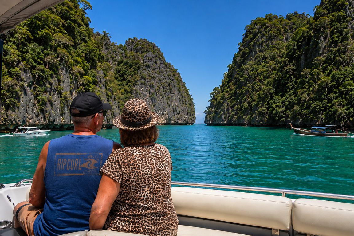 Senior travelers enjoying a scenic yacht cruise through turquoise waters and limestone cliffs during a Krabi Boat Tours excursion