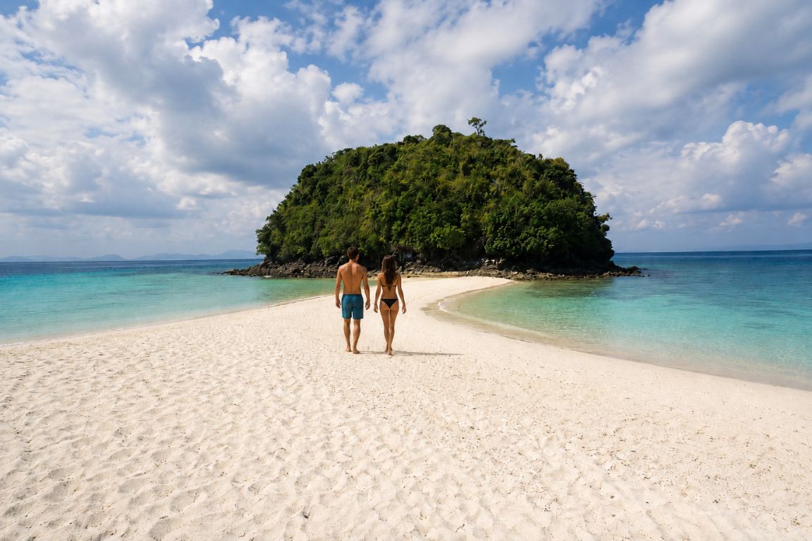 Couple walking along the famous Tup Island sandbar surrounded by turquoise water during a Krabi Boat Tours island-hopping excursion
